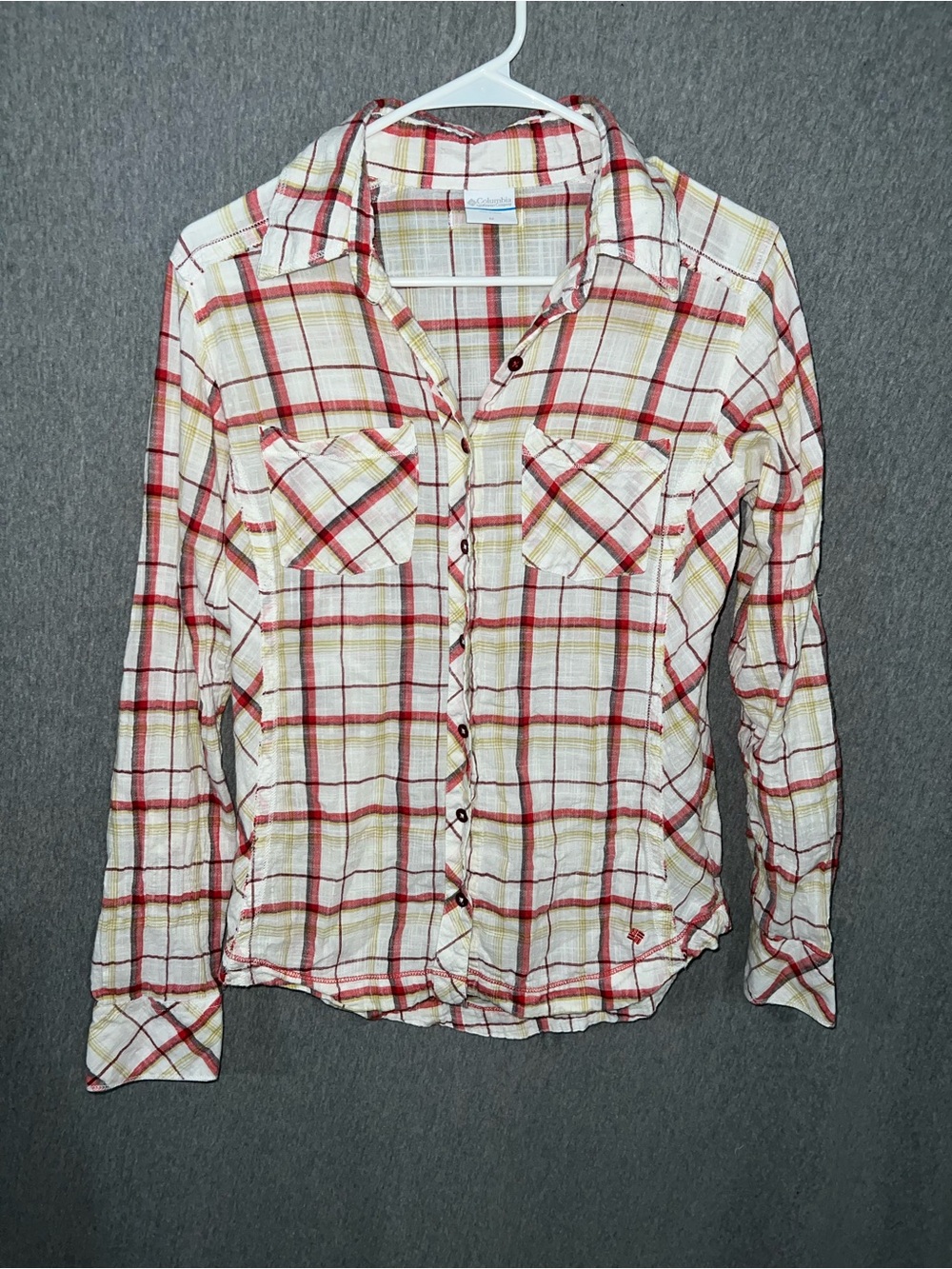 Columbia White Plaid Button-Down Shirt with Red & Tan Stripes
